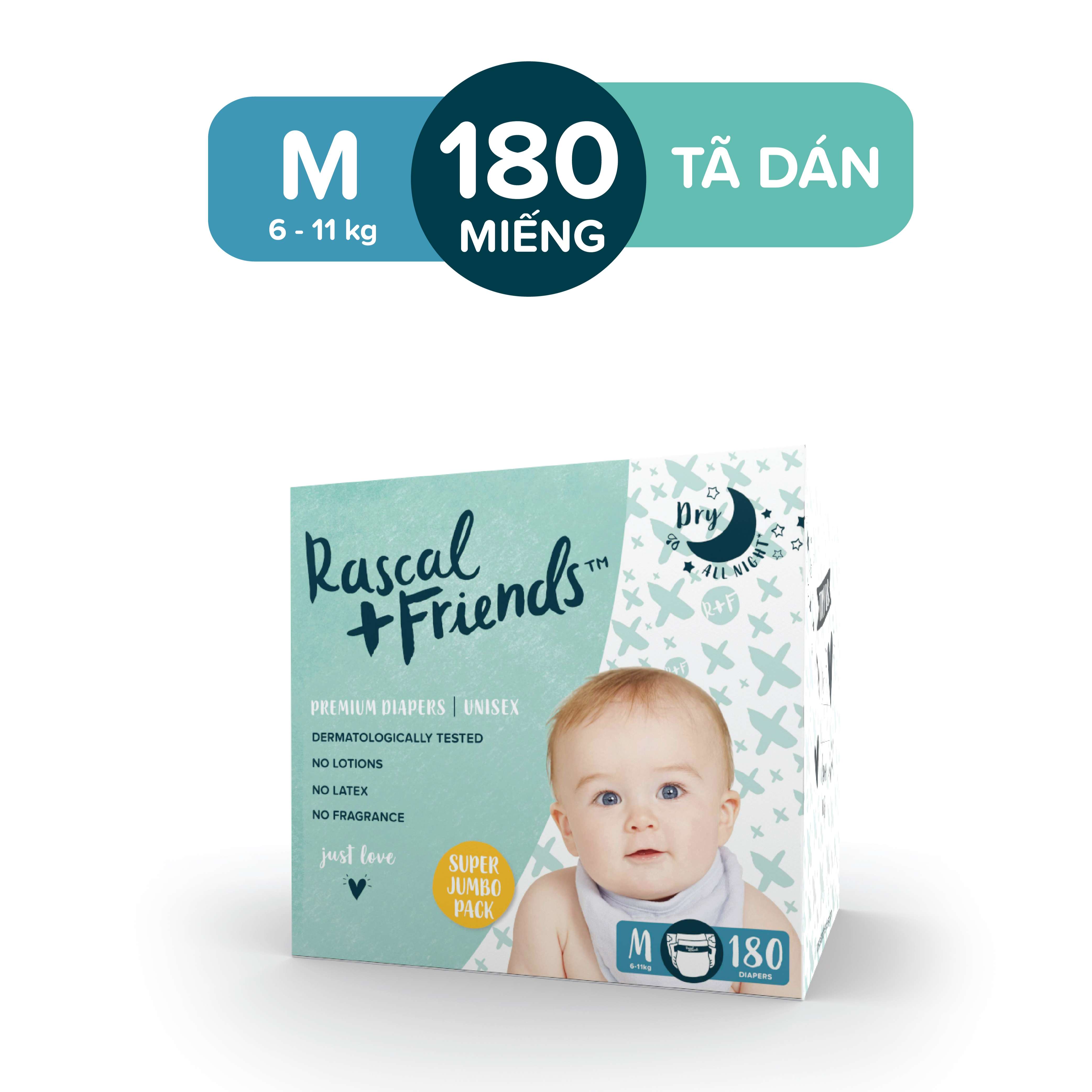 Thùng 3 bịch tã/bỉm dán rascal + friends size m 180 miếng