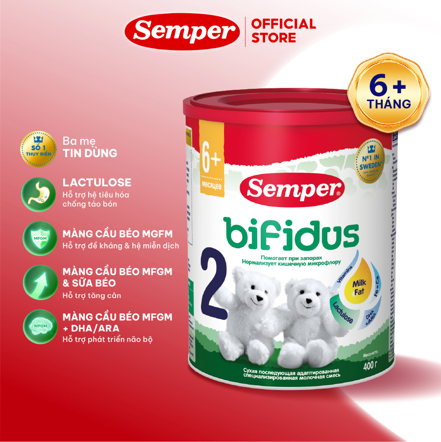 Sữa bột công thức semper bifidus số 2 400g dành cho trẻ từ 6 tháng tuổi trở lên hỗ trợ hệ miễn dịch và tiêu hóa, chống táo bón, bổ sung omega 3, dha&ara, vitamin d giúp trẻ phát triển toàn diện