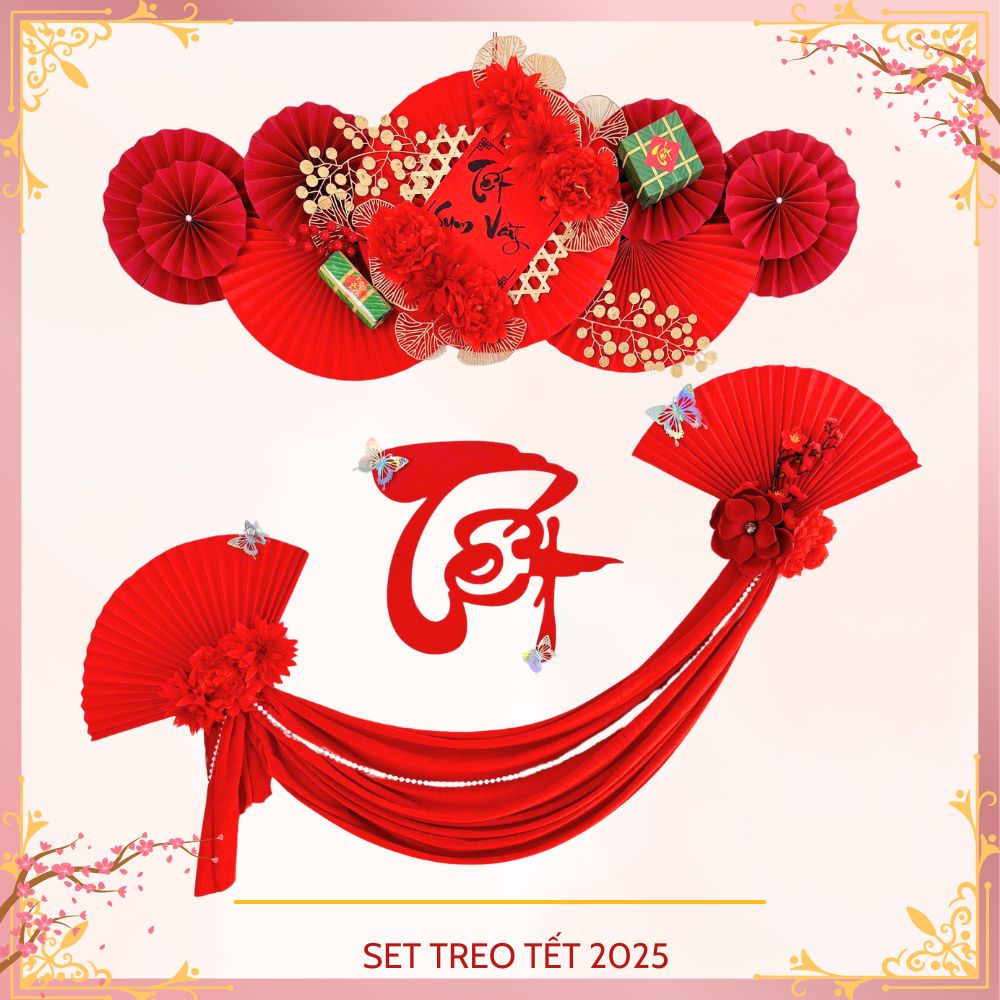 Set Decor Dải Yếm Tết Sum Vầy Kèm Vải Nhung Đỏ Hoa Quạt Trang Trí 2025, Combo Chữ Tết Đỏ Treo Tường Dán Mành Dèm Cửa Kính