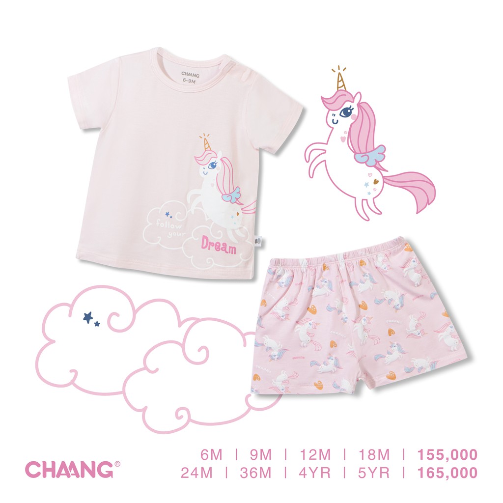 Bộ quần áo cộc cúc vai bé gái Pony hồng Chaang