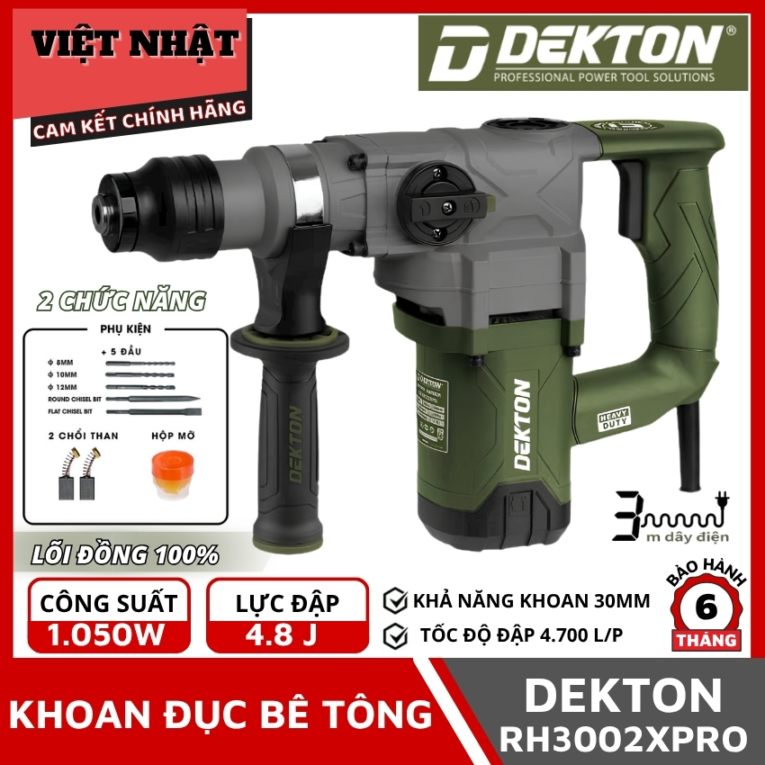 Khoan đục bê tông Dekton RH3002PRO - 2 chức năng, công suất 1050w, lực đập 4.8j, tốc độ đập 4700v/p, bảo hành 6 tháng