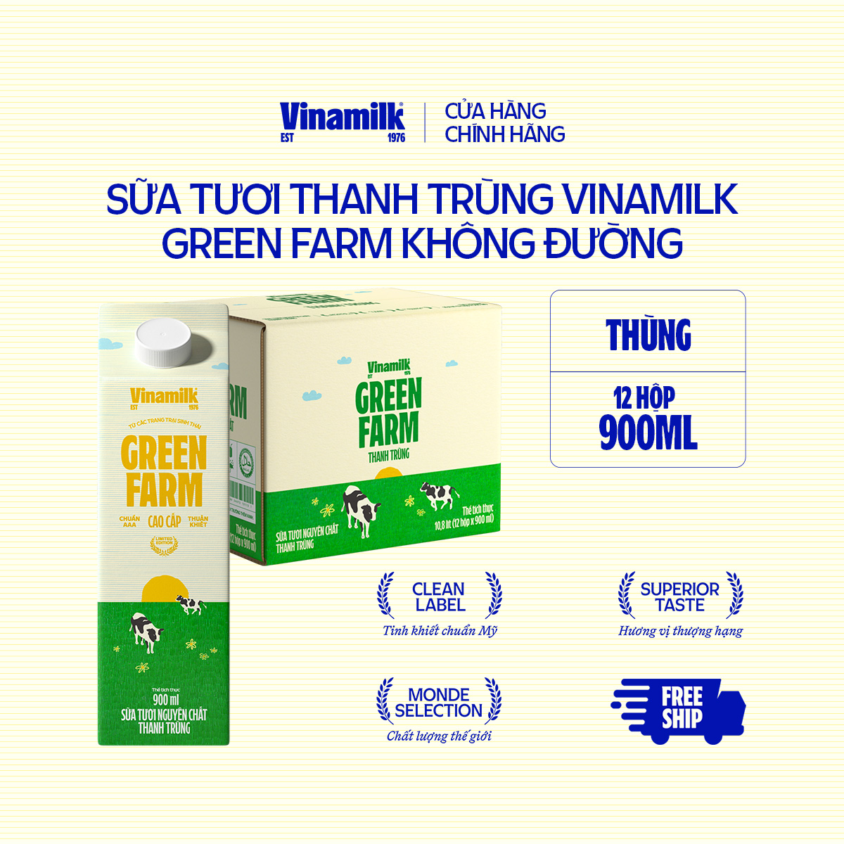 Thùng 12 Hộp Sữa tươi thanh trùng Vinamilk Green Farm Nguyên Chất Hộp 900ml