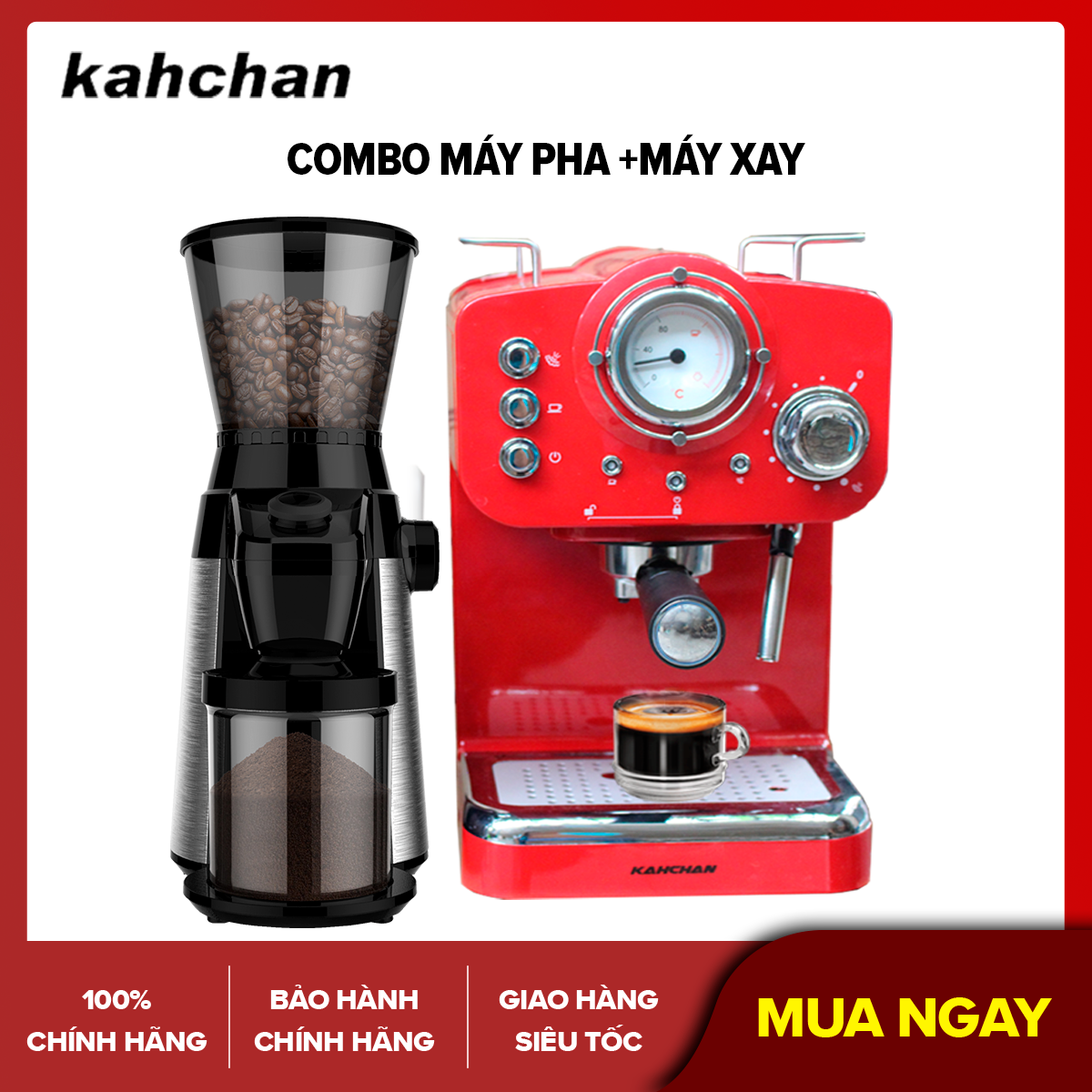 [Trả góp 0%]Combo máy pha cafe và máy xay cafe espresso kahchan