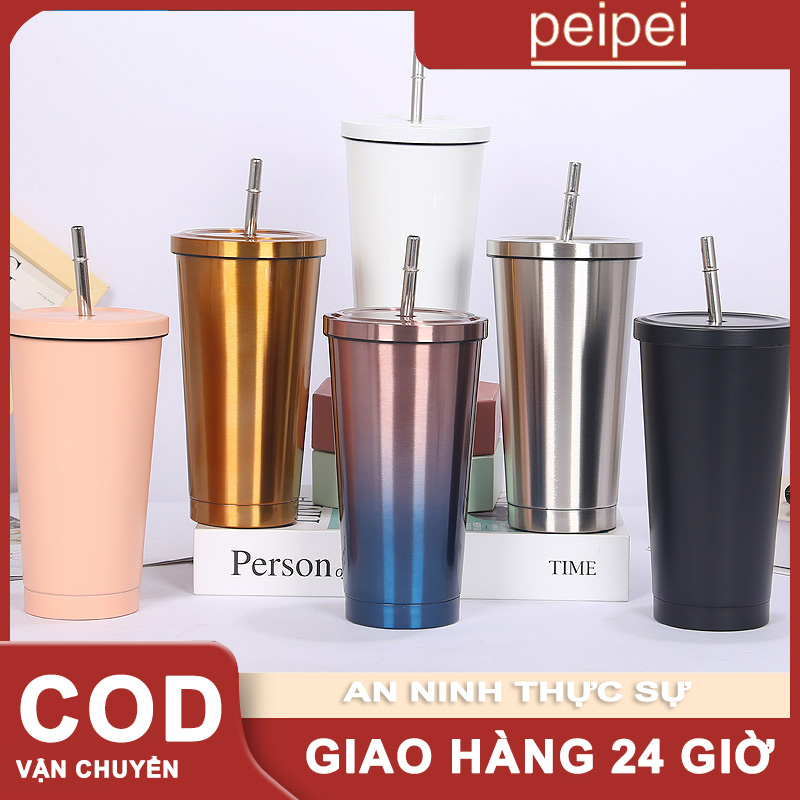 Cốc cà phê 500ml có ống hút bằng thép không gỉ Thermoses Chai nước đá Cốc cà phê Mỹ Tumbler