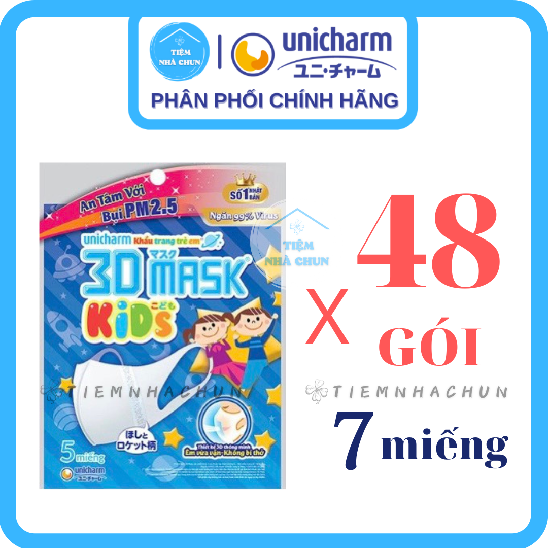 [CHÍNH HÃNG] Thùng 48 Gói 5 Miếng Khẩu Trang Trẻ Em Unicharm 3D Mask Kid (Unicharm Kid) Nhật Bản Cho Bé Từ 2 - 8 Tuổi - NHI.TNL - TIEMNHACHUN / TIỆM NHÀ CHUN