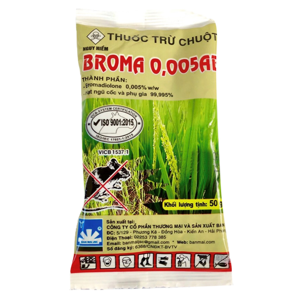 Chế phẩm sinh học diệt Chuột Broma 0.005AB dạng hạt thóc, an toàn và thân thiện môi trường gói 50 gam