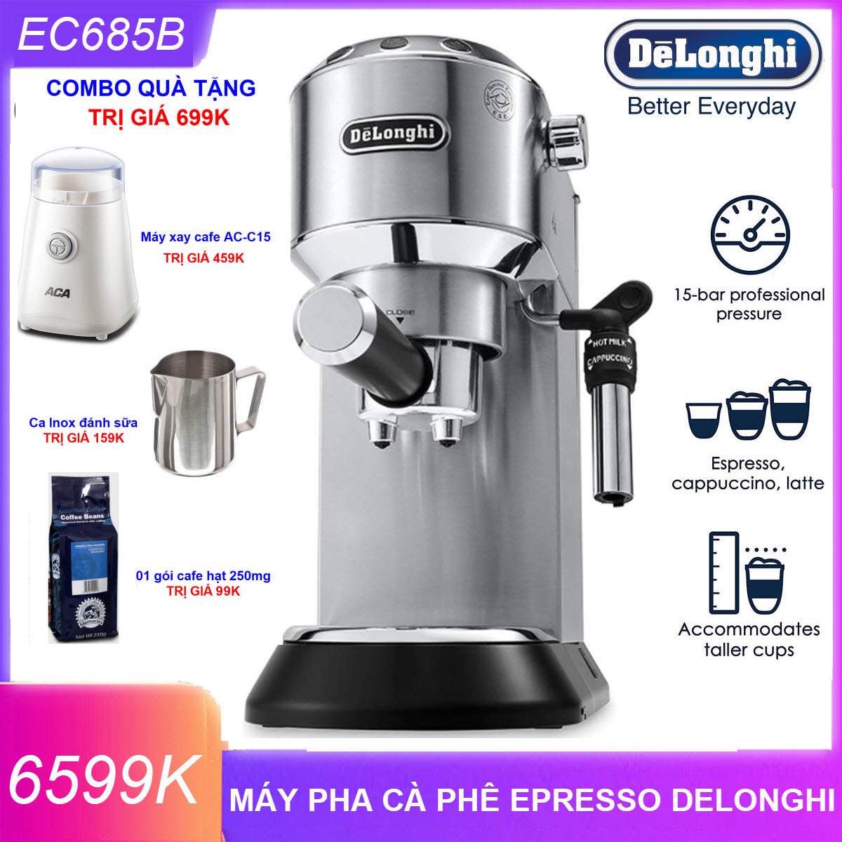 (Quà Tặng Trị Giá 699K) Máy pha cà phê Espresso Delonghi EC685M - Hàng nhập khẩu mới nguyên hộp 100% - BH12 tháng kể từ ngày nhận - Máy pha cafe Espresso Cappuccino - Máy pha cà phê mini gia đình - Model tiền nhiệm của Delonghi EC785