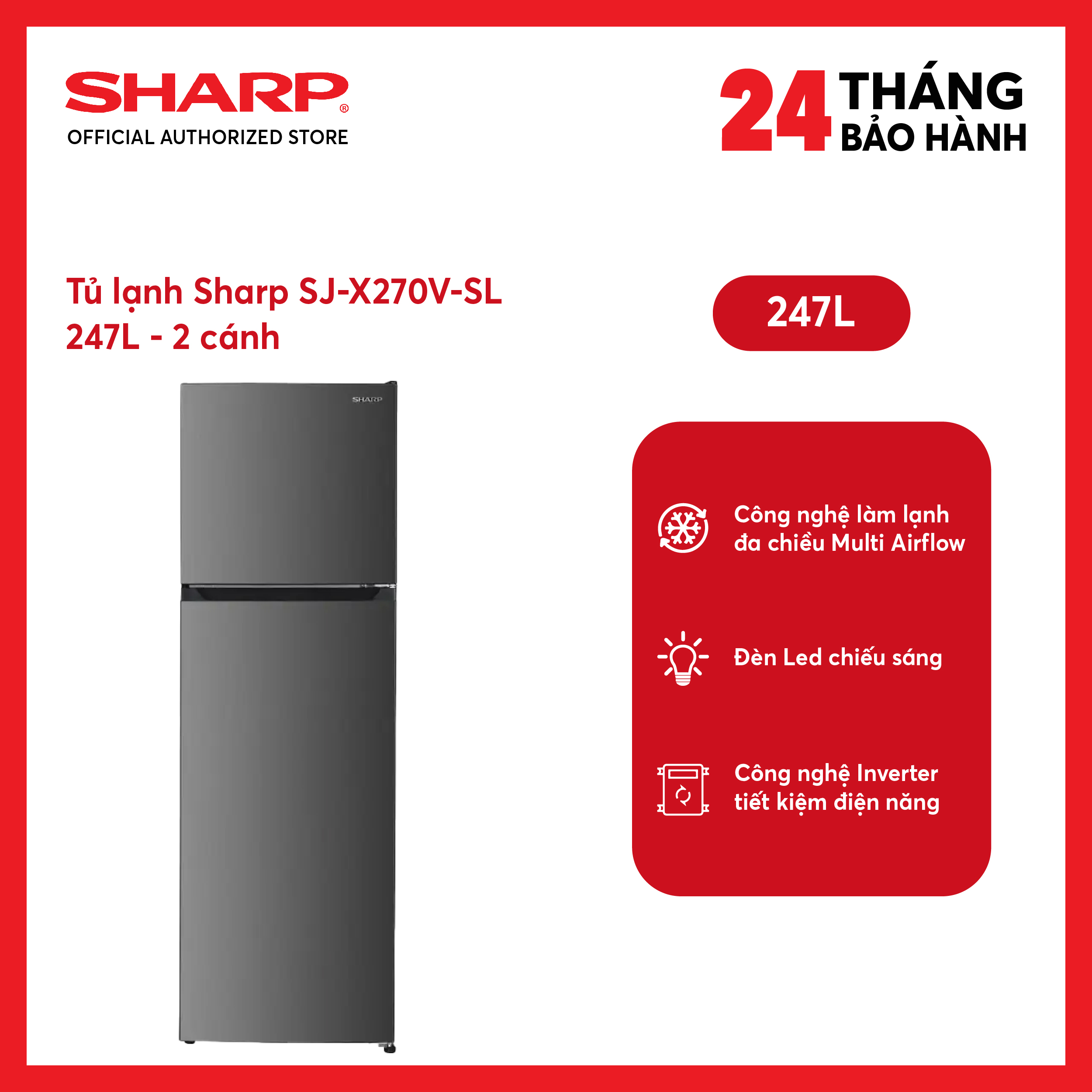 [MODEL 2026][FreeSHIP COD + Lắp Hà Nội] Tủ lạnh Sharp Inverter 247 lít SJ-X270V-DG/SJ-X270V-SL
