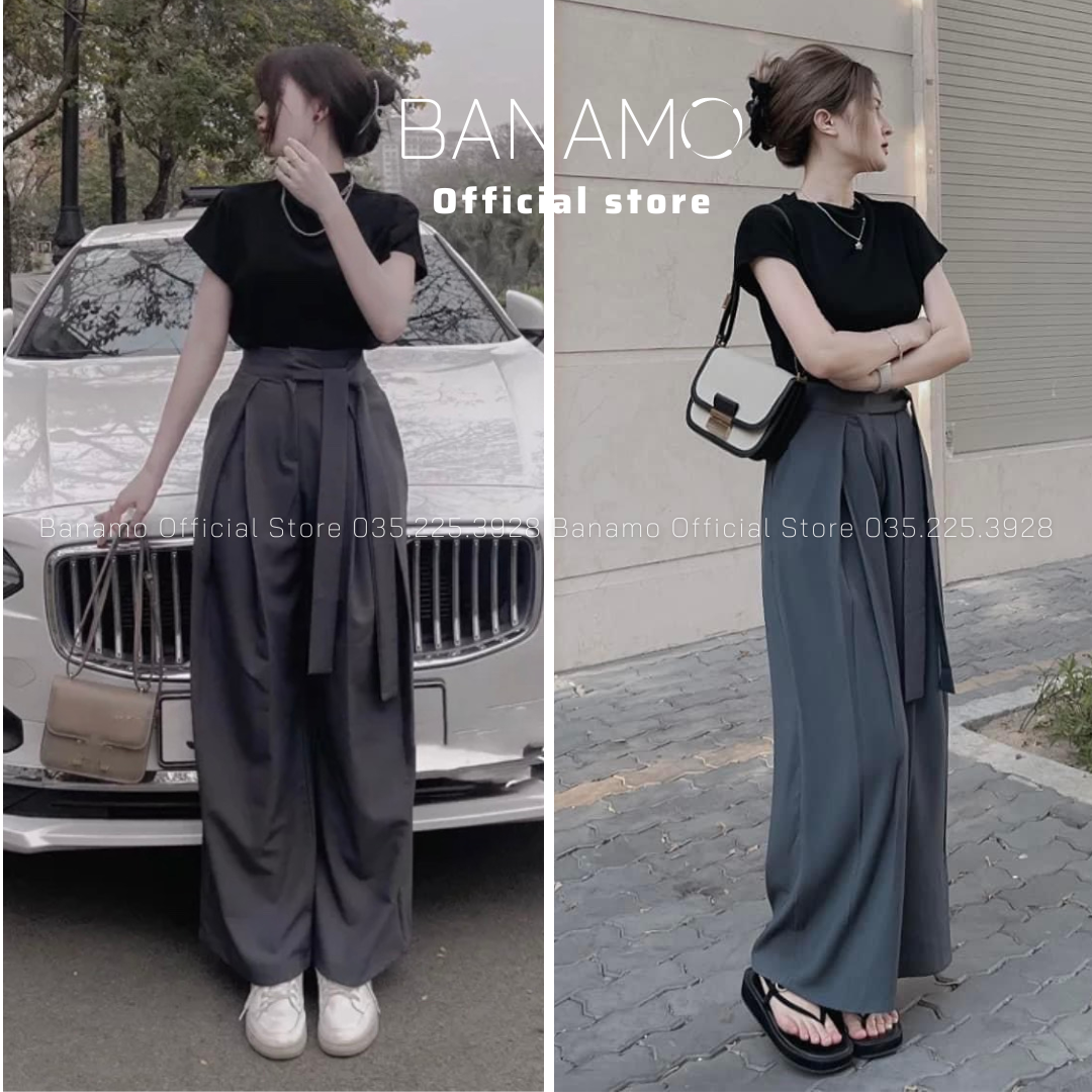 Quần ống rộng nữ Banamo Fashion sớ suông buộc dây nơ chất tuyết mưa 9312