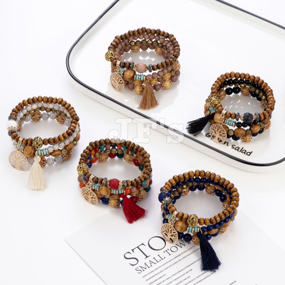 Vòng đeo tay nhiều lớp bohemian cho nam nữ, vòng tay hạt gỗ d