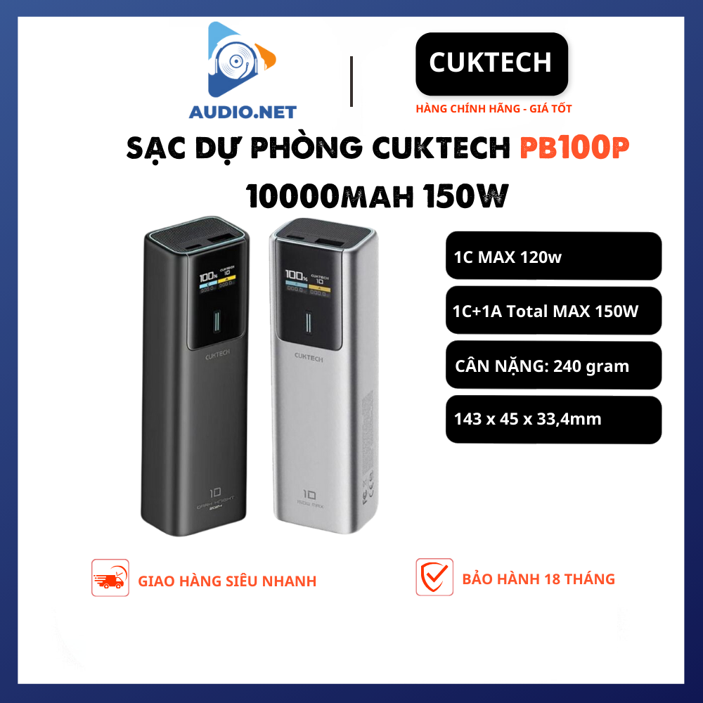 Sạc Dự Phòng Cuktech Mi Turbro 120W (PB100P) 10000mAh 1C1A 150W PD 3.0 PPS5A QC - Bảo hành 18 tháng