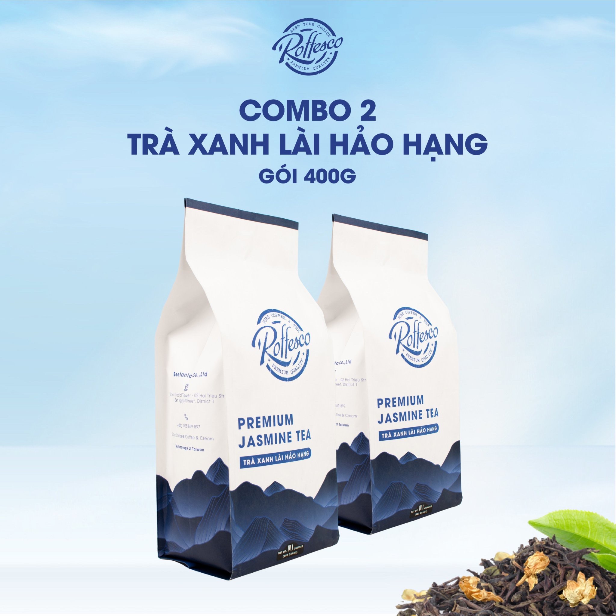 Combo 2 trà xanh lài roffesco premium jasmine tea hảo hạng thơm ngon 400g