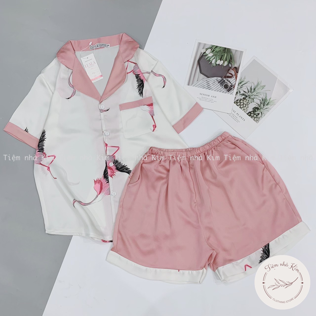 Bộ pijama lụa satin - bộ mặc nhà cộc đùi - hồng hạc