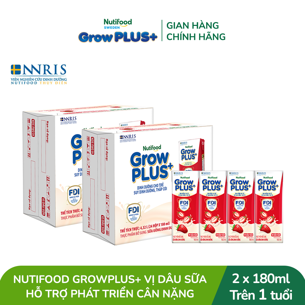 Combo 2 Thùng 24 hộp Sữa bột pha sẵn Nutifood GrowPLUS+ Vị Dâu Sữa hộp 180ml - Hỗ trợ phát triển cân nặng