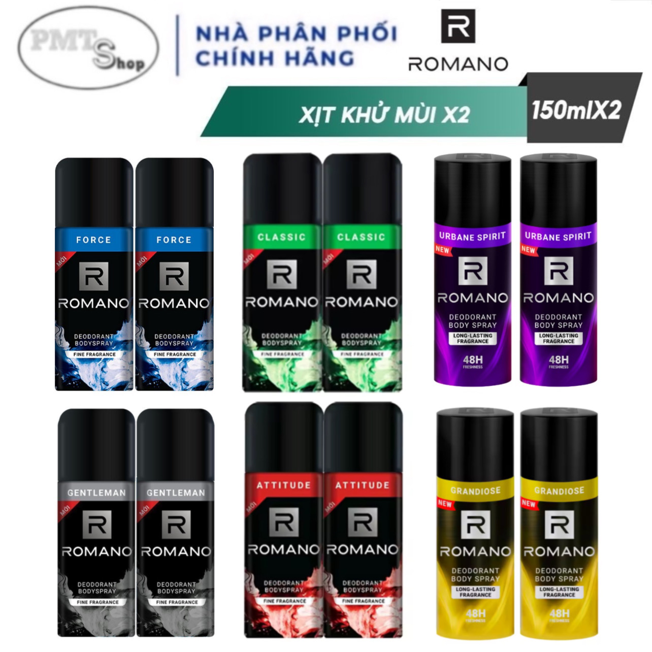 Combo 2 chai Xịt thơm toàn thân ROMANO 150ml khử mùi ngăn mồ hôi và mùi cơ thể 6 Mùi Hương