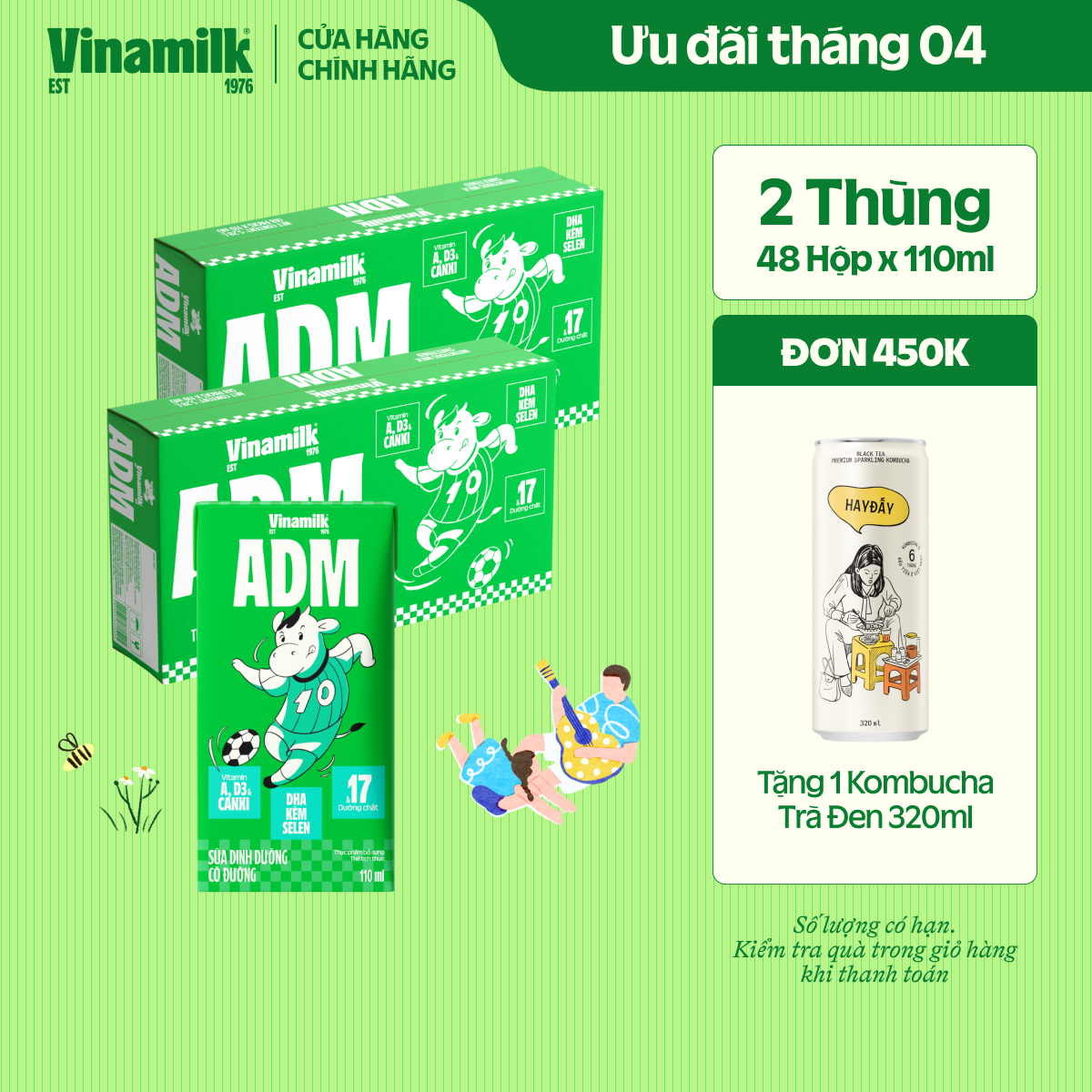 2 Thùng Sữa dinh dưỡng Vinamilk ADM Gold IQ Có đường Hộp 110ml - 48 hộp/Thùng