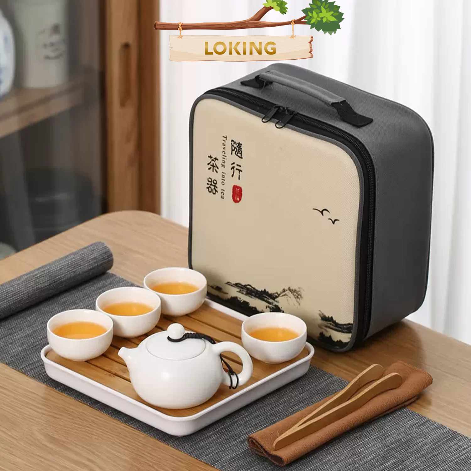 Bộ ấm chén sứ trà đạo kèm khay và túi cao cấp - LOKING