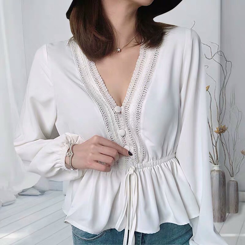 Áo Voan Kiểu Cổ V Phối Ren Đính Nút Tay Dài Cột Nơ Eo Dễ Thương TTSA0705 (TTS0030)