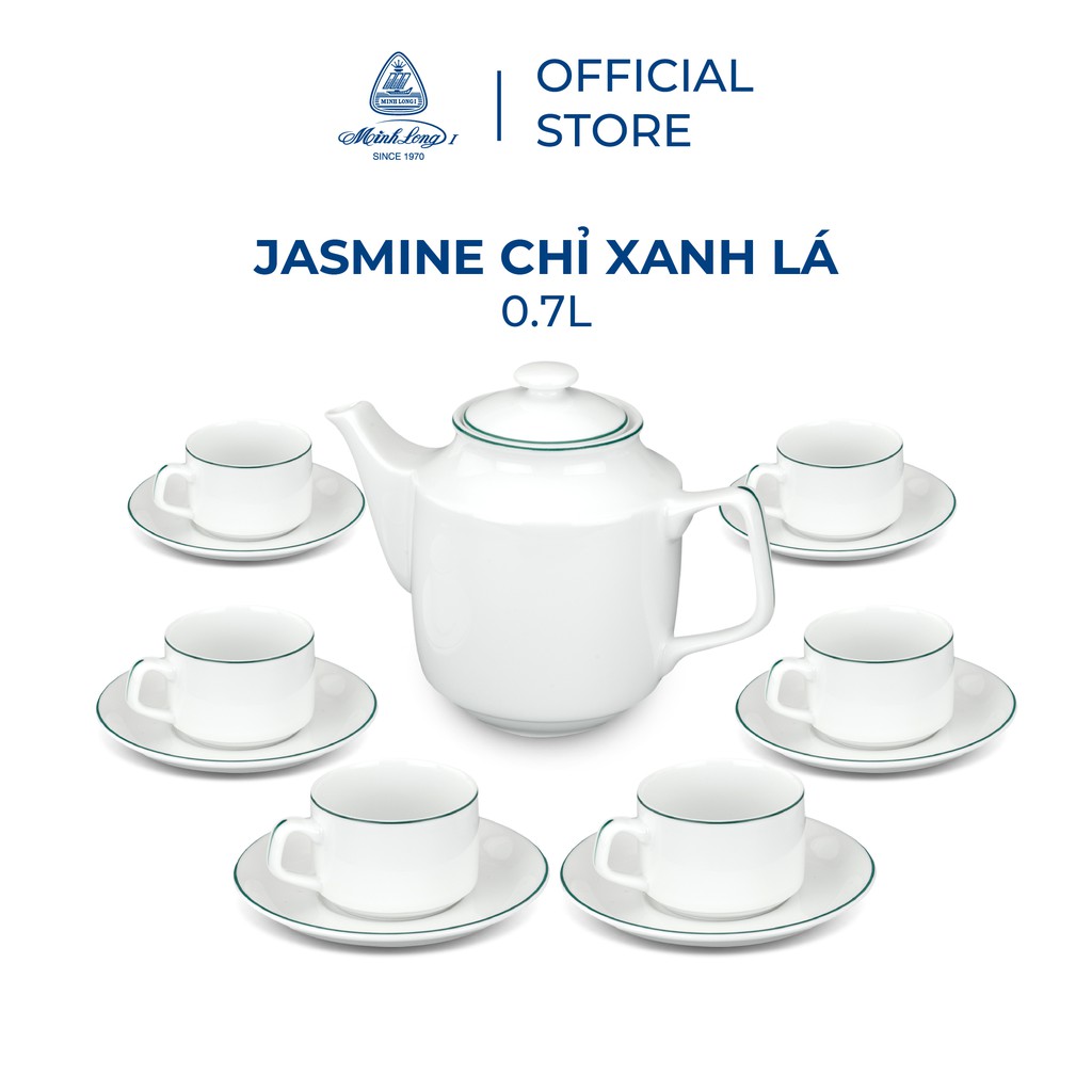 Bộ ấm chén trà sứ minh long 0,7 l - jasmine - chỉ xanh lá