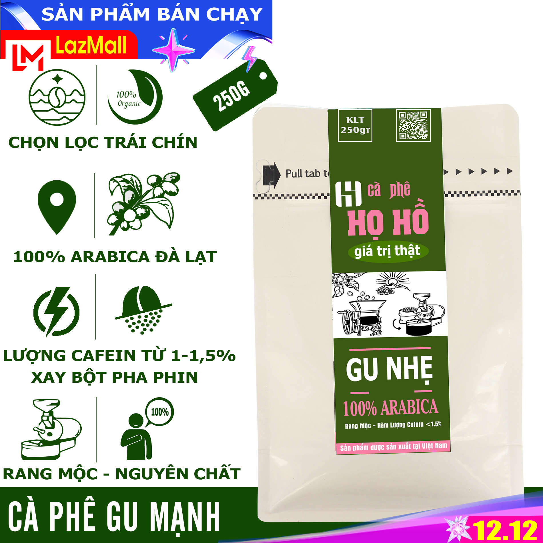 [Gu Nhẹ] Gói 250g cà phê rang xay  pha phin Gu Nhẹ thành phần 100% Arabica - thơm chua thanh thơm dịu thương hiệu cà phê Họ Hồ
