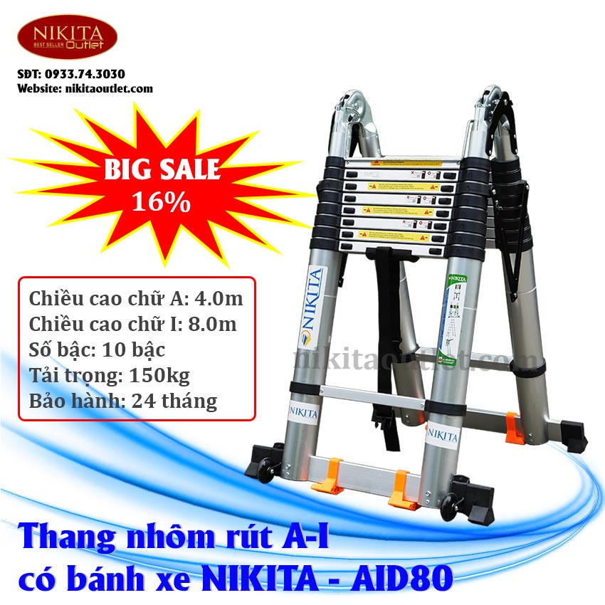 Thang nhôm rút đa năng NIKITA AID80 (4.0+4.0m) có khóa trợ lực và bánh xe[ Siêu bền ] Tiêu chuẩn an toàn Châu Âu EN131. Bảo hành chính hãng 2 năm NIKITA OUTLET