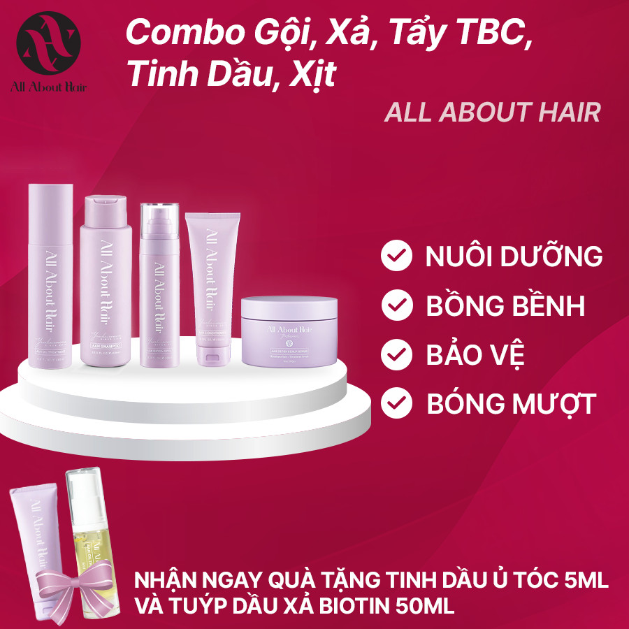 Tặng tuýp xả 50ml & Tinh dầu ủ 5ml Combo 5 món chăm sóc AAH All About Hair