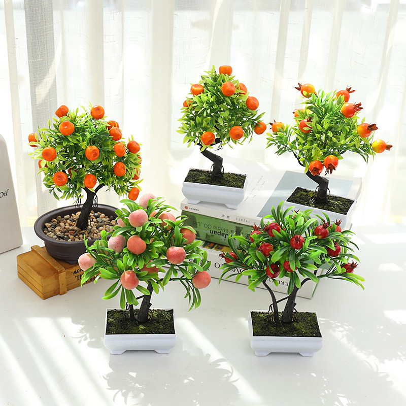 (Kèm chậu) CÂY GIẢ BONSAI Quýt, dây tây, lựu, ớt, cherry, nấm QUẢ RỰC RỠ - trang trí, đề bàn