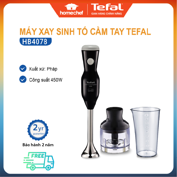 Máy xay cầm tay Tefal HB407801, lưỡi dao bằng thép không gỉ, dễ dàng xoay nhuyễn với 1 tốc độ, dễ dàng vệ sinh - Hàng chính hãng