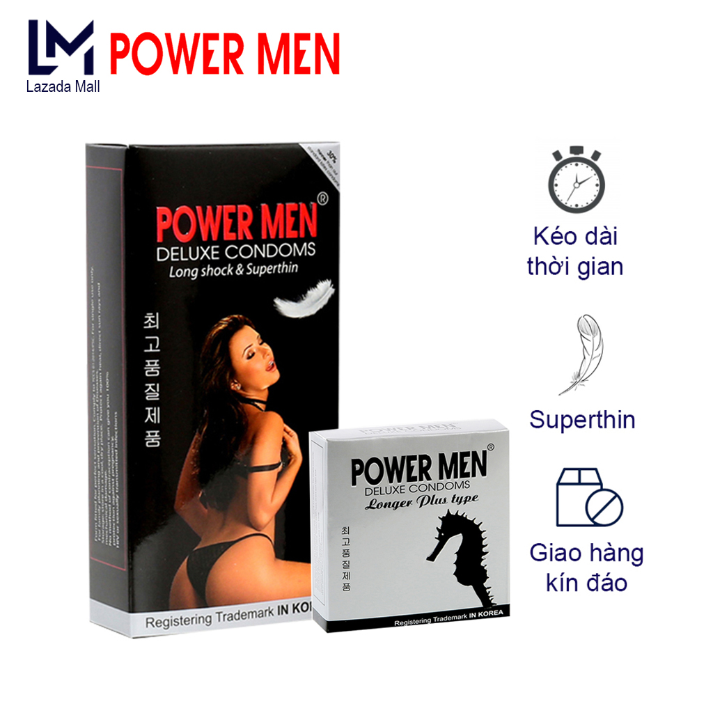Bao cao su Powermen Siêu mỏng Kéo dài 12 Cái - Bao cao su Power Men Siêu mỏng trơn, Kéo dài, nhiều dầu bôi trơn Hộp 12 chiếc