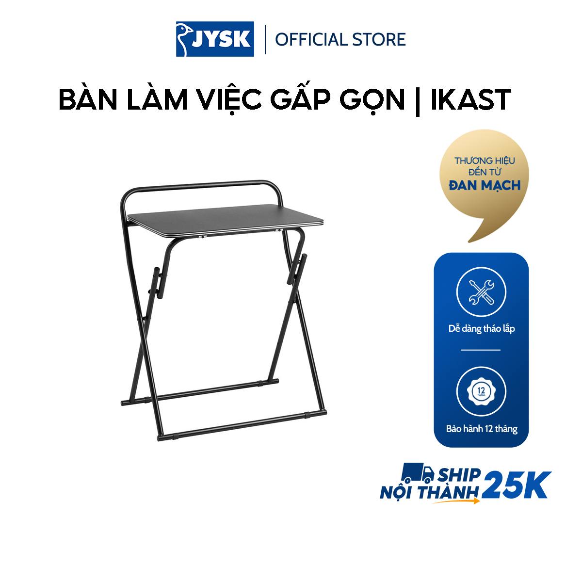Bàn làm việc gấp gọn | JYSK Ikast | kim loại/gỗ công nghiệp | đen | R42xD60xC77cm