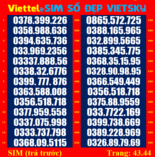 Sim viettel list 43,44 sim mới 100%, chưa đăng kí, sim viettel phủ sóng toàn quốc | vietsky