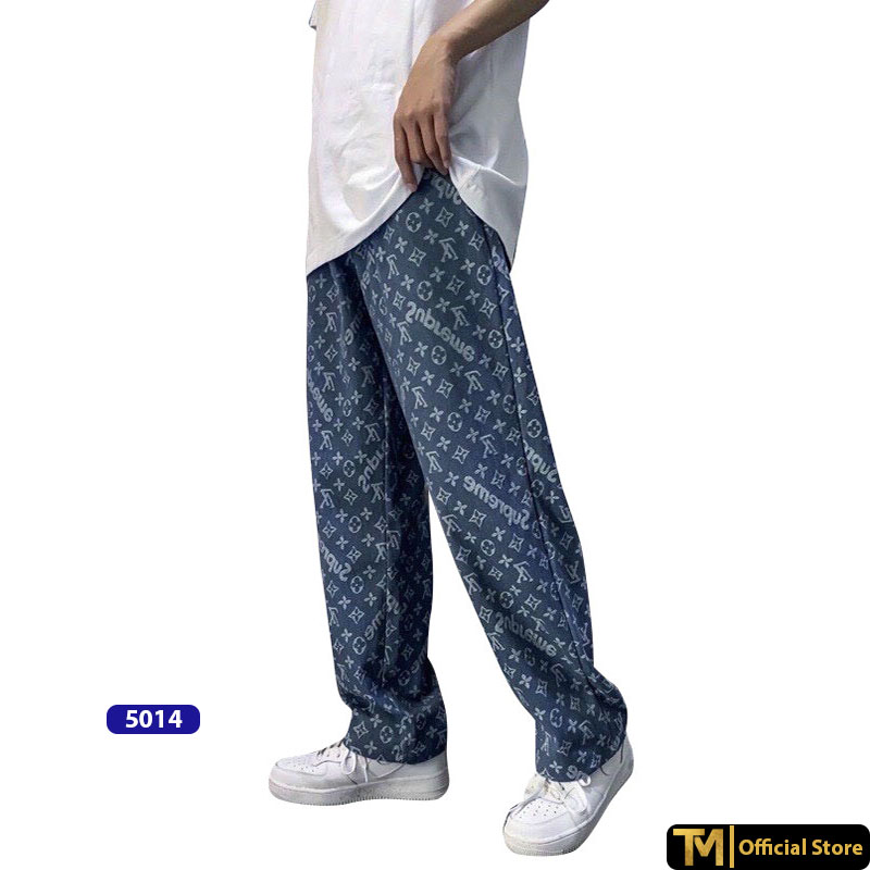 Quần Jean ống rộng nam thêu chữ LV, vải Jean co giãn mềm mịn siêu thoáng mát - TMSTORE