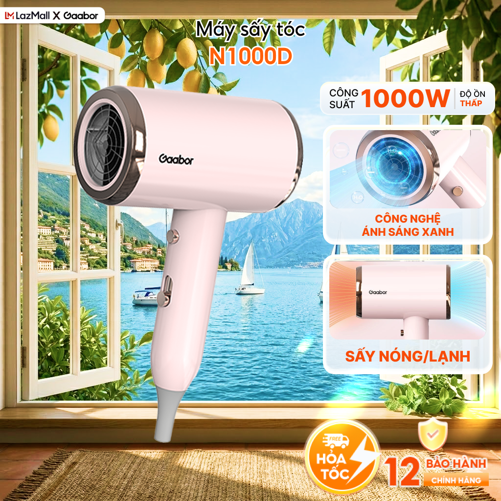 Máy sấy tóc Gaabor N1000D công suất 1000W sấy nhanh 2 chiều nóng lạnh 3 chế độ gió ánh sáng xanh bảo vệ tóc - Bảo hành 12 tháng 1 đổi 1