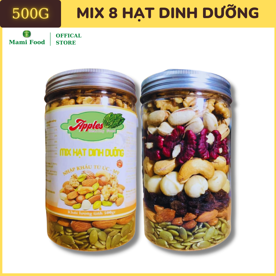 Hạt dinh dưỡng mix 8 loại hạt óc chó đỏ, vàng, macca, hạnh nhân, điều, nho khô, dẻ cười, bí xanh 500gr