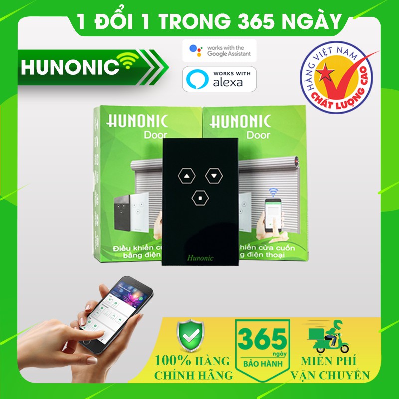 Công tắc cửa cuốn thông minh Hunonic nút tích hợp ổ hỗ trợ Google Assistant . Công tắc cảm ứng WIFI kính cường lực- Công tắc điện 2 màu đen trắng Hàng Việt Nam Chất Lượng Cao- BH 12 tháng