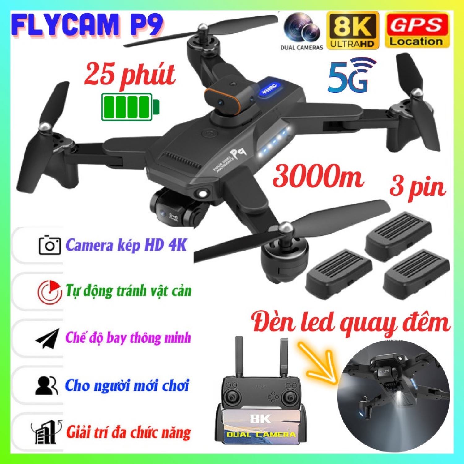 HOT Flycam Mini P9 Camera Kép Cảm Biến Tránh Vật Cản