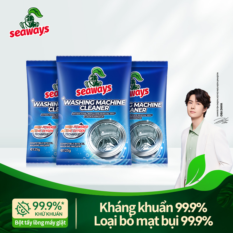Seaways Bột vệ sinh máy giặt (3 gói) làm sạch sâu lồng giặt, khử mùi và loại bỏ cặn vôi.