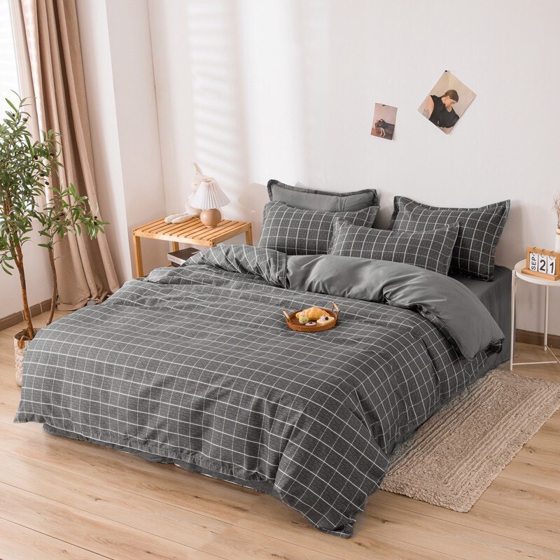 Bộ vỏ chăn ga gối 4 món cotton poly lidaco kẻ dạ