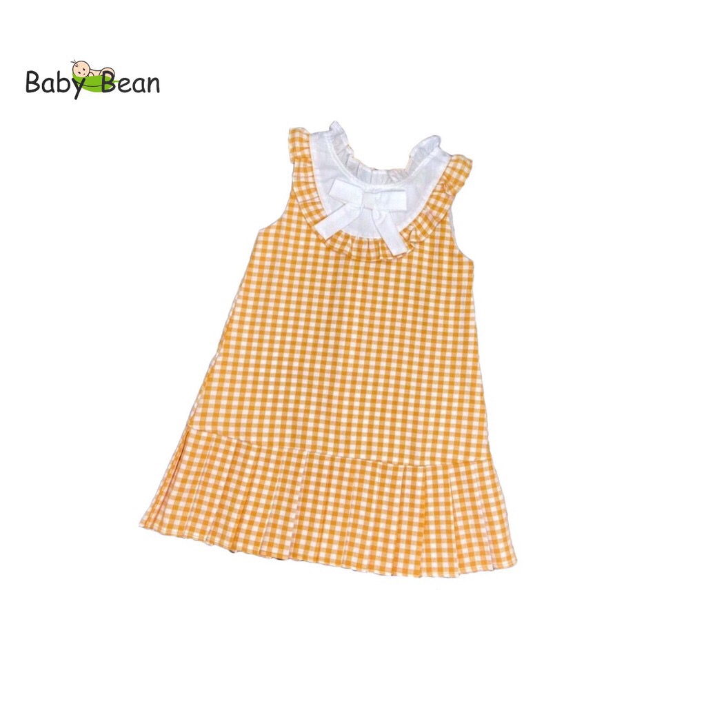 Váy đầm cotton caro cổ bèo đính nơ kiểu tiểu thư bé gái babybean