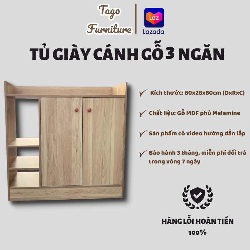 Tủ giày cánh gỗ thông minh, tủ để giày gỗ đa năng gỗ mdf 4 ngăn hộc để đồ, cánh tủ che bụi hiện đại 80x27x80 tago nd17
