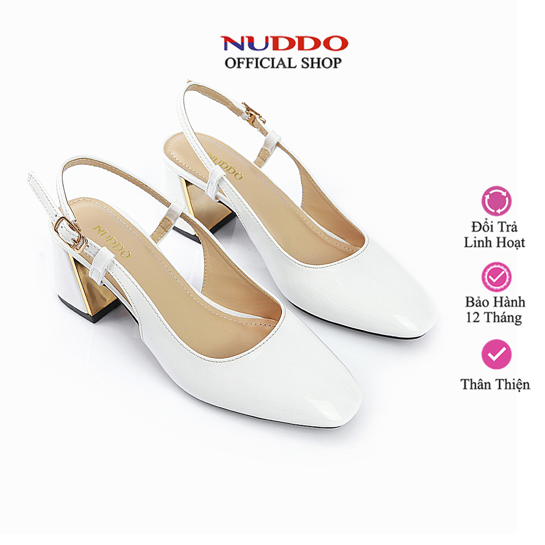 Giày cao gót nữ Metael 5 phân mũi vuông đế vuông dáng sandal bít mũi da bóng NUDDO_N606
