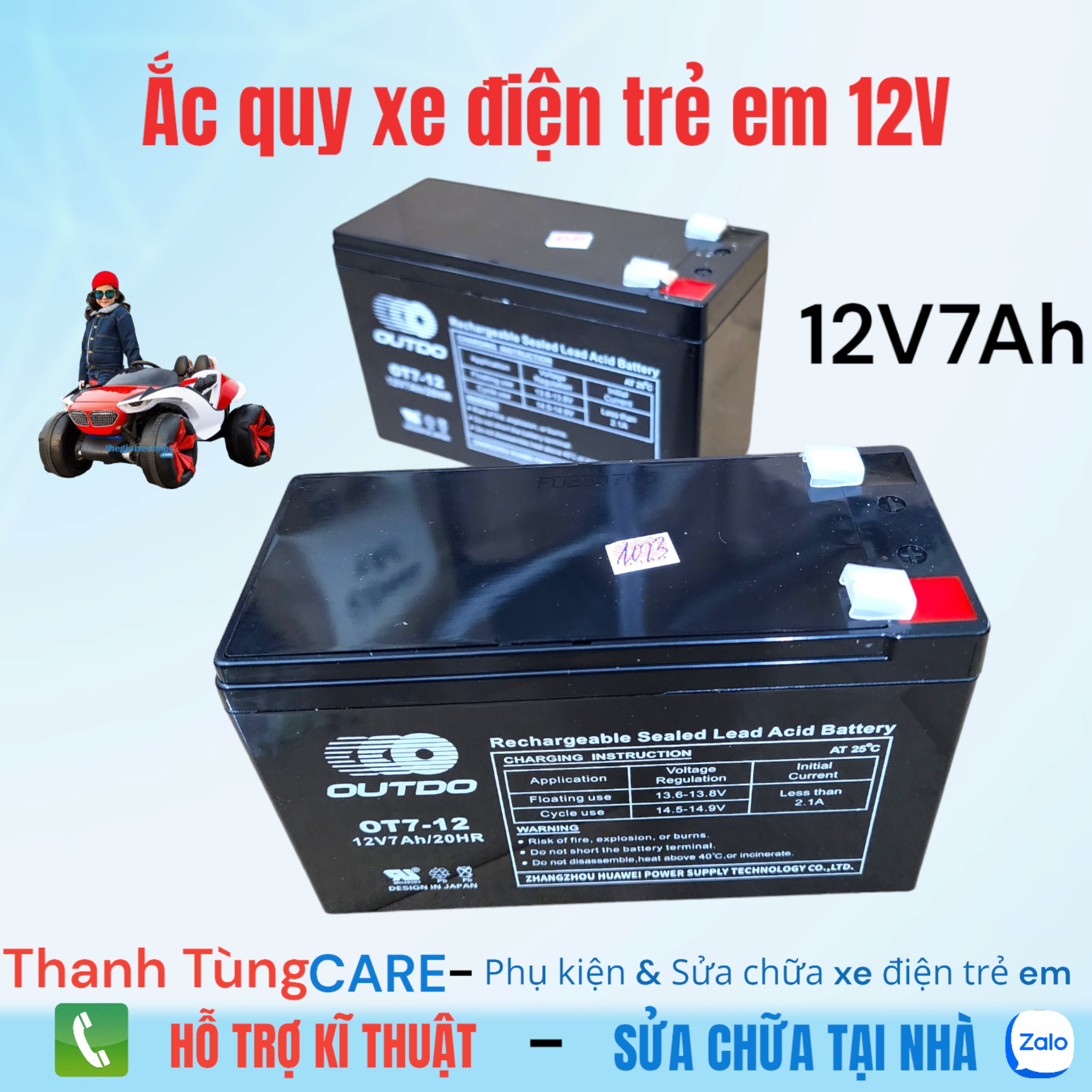 Ắc quy OUTDO 12V-7Ah xe điện trẻ em | Quạt tích điện, Loa Kéo, Bình phun thuốc (hàng loại tốt, dùng bền, xe khỏe hơn)