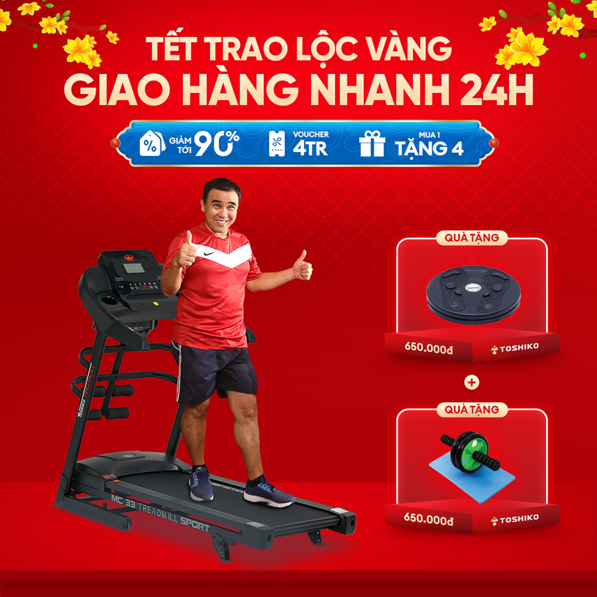 Miễn phí lắp đặt tại nhà Máy chạy bộ đa năng tại nhà Toshiko MC33 PRO chức năng nâng dốc tự động theo nhu cầu kèm theo đai massage và thanh gập bụng đồng hồ hiển thị thông số nhịp tim calo tiêu thụ