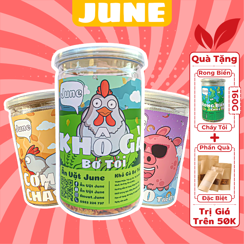 Combo 3 sản phẩm đồ ăn vặt: Khô gà bơ tỏi - Cơm cháy khô gà - Da heo tỏi ớt, ăn vặt June thơm ngon chuẩn vị