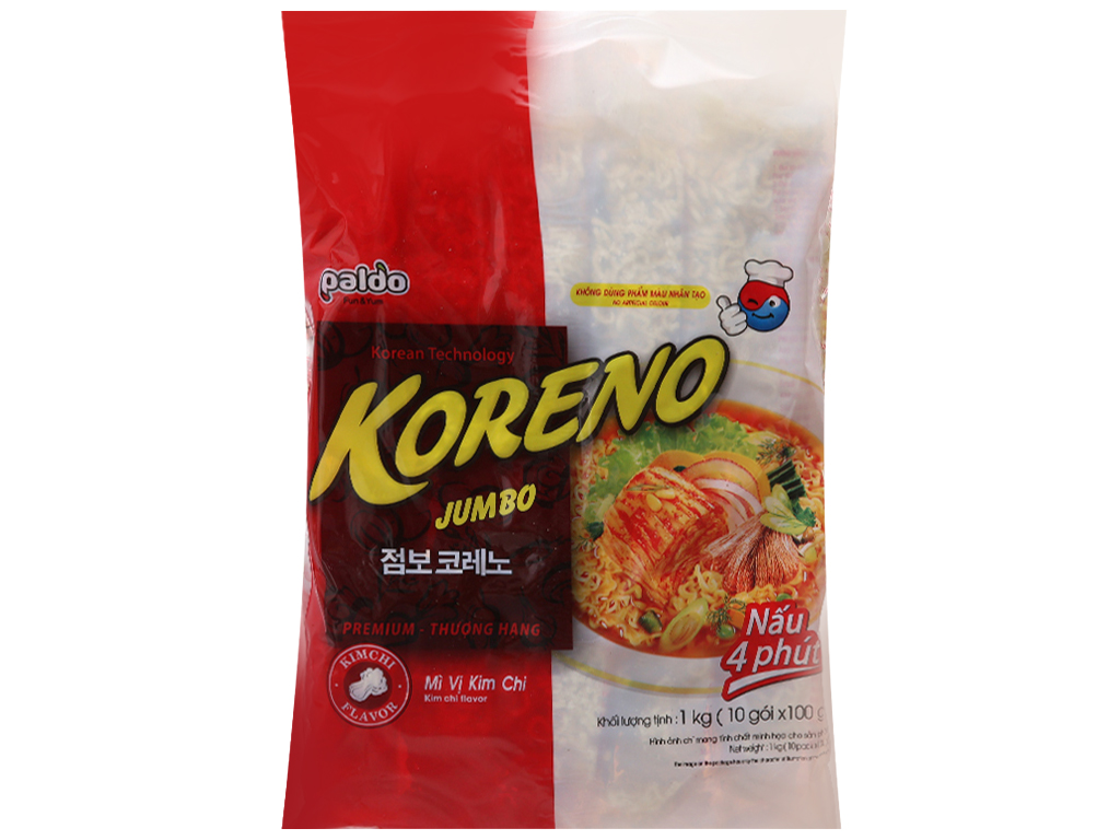 Túi 1 kg gồm 10 gói mì Koreno Jumbo vị kim chi 100g