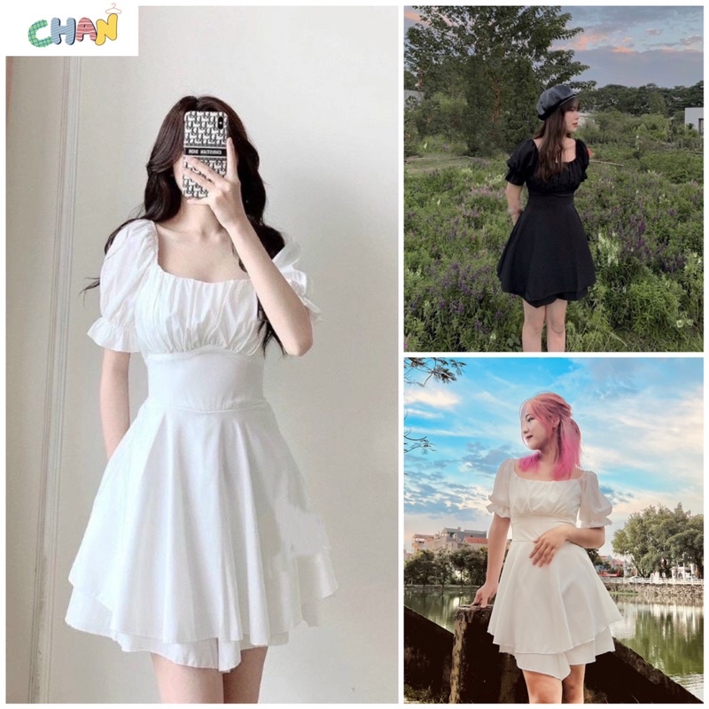 Váy cổ vuông rúm ngực nơ lưng, đầm nữ màu trắng xinh