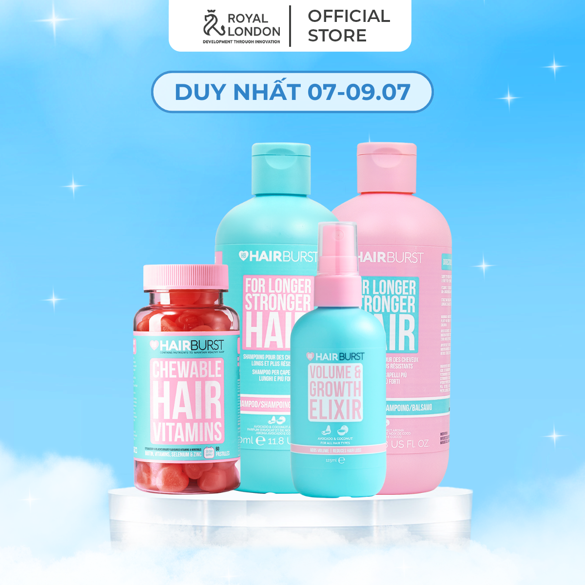 Combo chăm sóc toàn diện hairburst dầu gội xả 350ml/chai + xịt tóc125ml + kẹo dẻo 60viên