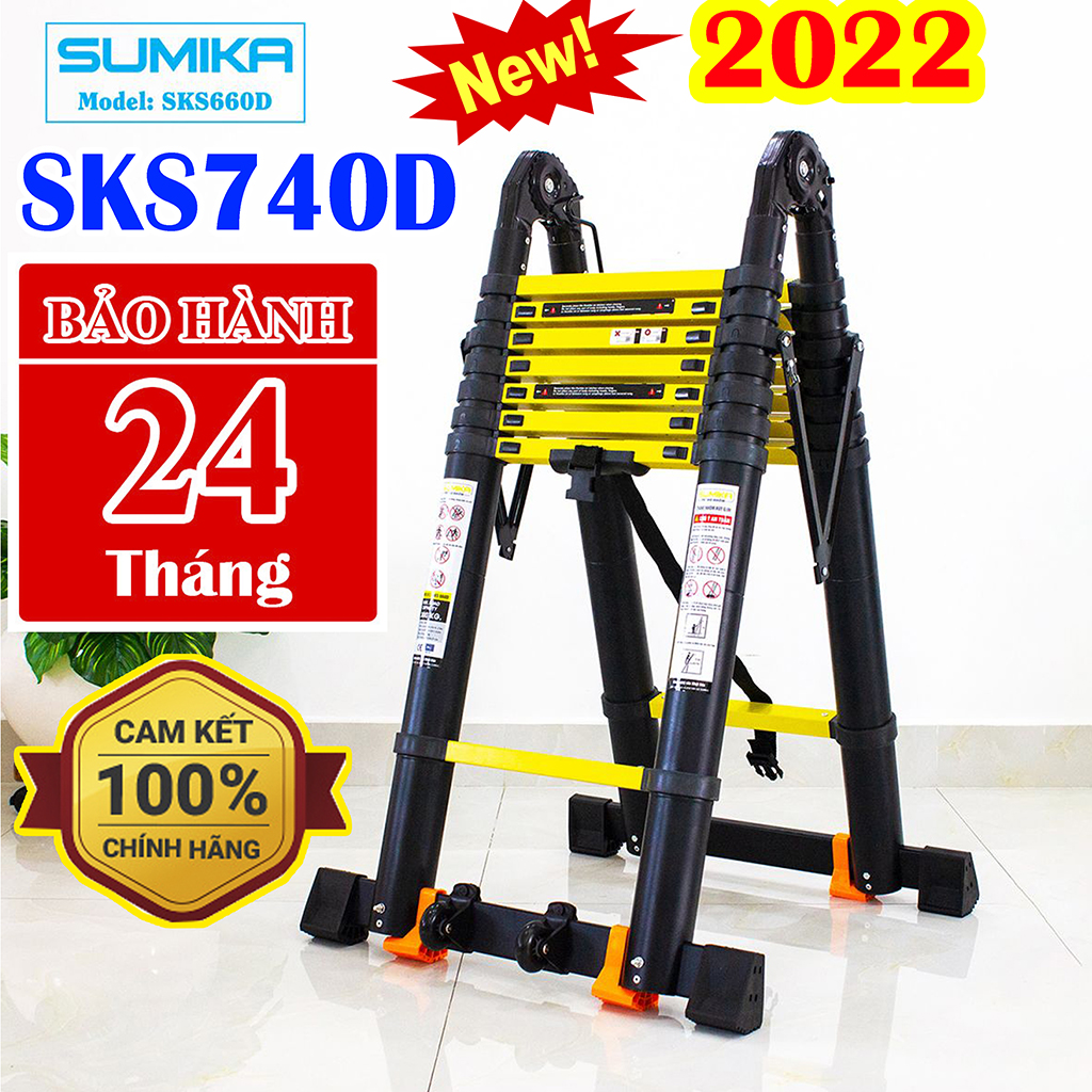 Thang nhôm rút đôi Chữ A 3m7 duỗi thẳng 7m4 Sumika SKS740D - Sơn tĩnh điện, khóa chống rung lắc, tải trọng 300kg, bảo hành 2 năm SKS560D SK560D SKS740D