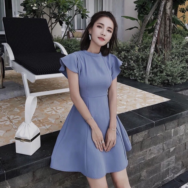 [HCM]Đầm xanh đậm cổ trụ tay bèo