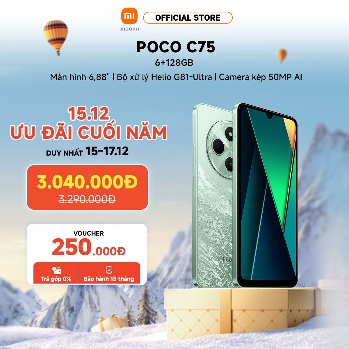 Điện thoại thông minh POCO C75 (6+128GB | 8+256GB) | Màn hình 6,88" | Pin 5160mAh | Camera kép 50MP AI